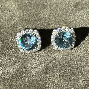 Sterling Silver Blue Halo Stud Earrings